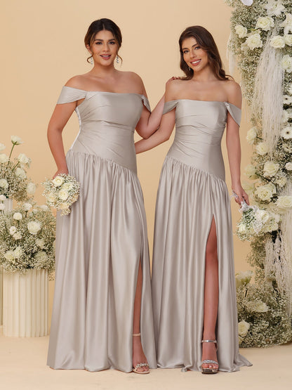Robes de Demoiselle d'Honneur Longues à Ligne A/Princesse, Décolleté Épaules Dénudées, Froncées, avec Fente Latérale et Plis