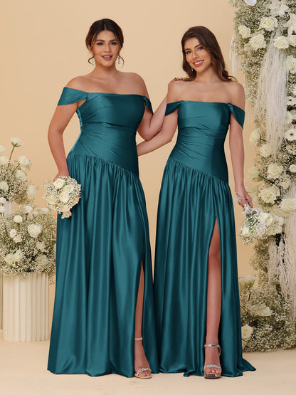 Robes de Demoiselle d'Honneur Longues à Ligne A/Princesse, Décolleté Épaules Dénudées, Froncées, avec Fente Latérale et Plis