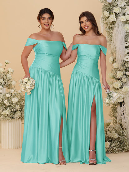 Robes de Demoiselle d'Honneur Longues à Ligne A/Princesse, Décolleté Épaules Dénudées, Froncées, avec Fente Latérale et Plis