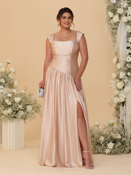 Robes de Demoiselle d'Honneur Grande Taille Ligne A/Princesse Décolleté Épaules Dénudées avec Fente Latérale et Plis