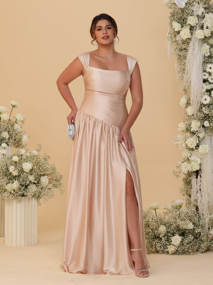 Robes de Demoiselle d'Honneur Grande Taille Ligne A/Princesse Décolleté Épaules Dénudées avec Fente Latérale et Plis