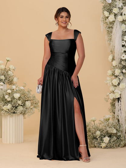 Robes de Demoiselle d'Honneur Grande Taille Ligne A/Princesse Décolleté Épaules Dénudées avec Fente Latérale et Plis