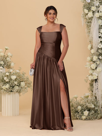 Robes de Demoiselle d'Honneur Grande Taille Ligne A/Princesse Décolleté Épaules Dénudées avec Fente Latérale et Plis