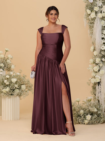 Robes de Demoiselle d'Honneur Grande Taille Ligne A/Princesse Décolleté Épaules Dénudées avec Fente Latérale et Plis