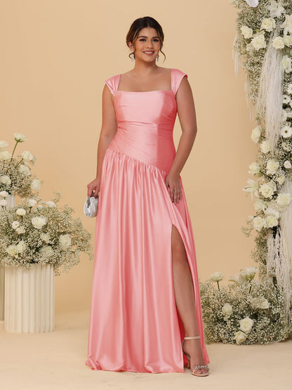 Robes de Demoiselle d'Honneur Grande Taille Ligne A/Princesse Décolleté Épaules Dénudées avec Fente Latérale et Plis