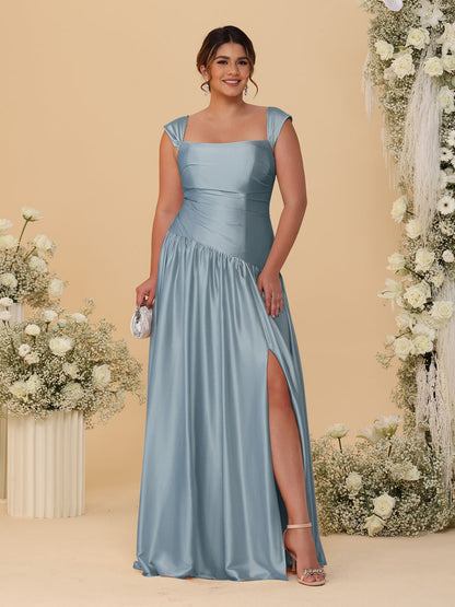 Robes de Demoiselle d'Honneur Grande Taille Ligne A/Princesse Décolleté Épaules Dénudées avec Fente Latérale et Plis