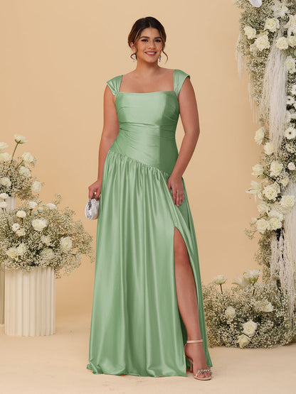 Robes de Demoiselle d'Honneur Grande Taille Ligne A/Princesse Décolleté Épaules Dénudées avec Fente Latérale et Plis