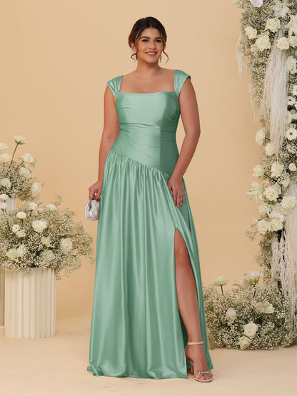 Robes de Demoiselle d'Honneur Grande Taille Ligne A/Princesse Décolleté Épaules Dénudées avec Fente Latérale et Plis