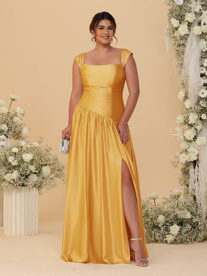 Robes de Demoiselle d'Honneur Grande Taille Ligne A/Princesse Décolleté Épaules Dénudées avec Fente Latérale et Plis