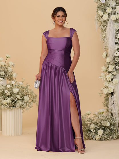 Robes de Demoiselle d'Honneur Grande Taille Ligne A/Princesse Décolleté Épaules Dénudées avec Fente Latérale et Plis