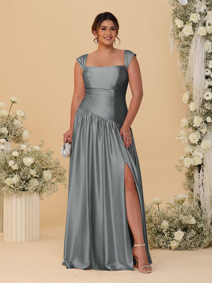 Robes de Demoiselle d'Honneur Grande Taille Ligne A/Princesse Décolleté Épaules Dénudées avec Fente Latérale et Plis
