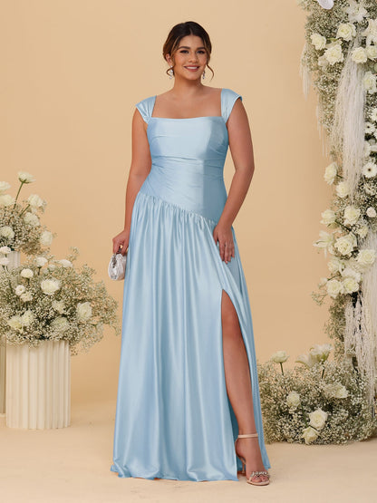 Robes de Demoiselle d'Honneur Grande Taille Ligne A/Princesse Décolleté Épaules Dénudées avec Fente Latérale et Plis