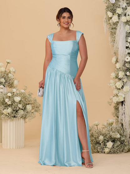 Robes de Demoiselle d'Honneur Grande Taille Ligne A/Princesse Décolleté Épaules Dénudées avec Fente Latérale et Plis