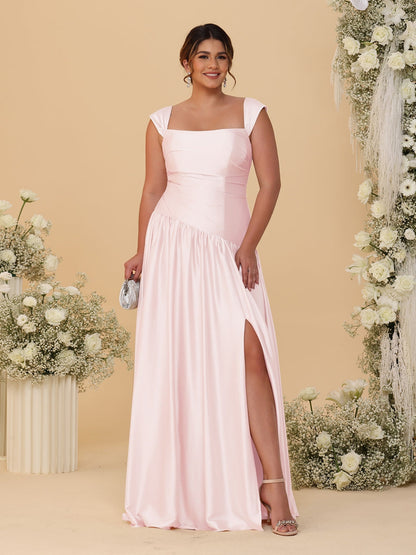 Robes de Demoiselle d'Honneur Grande Taille Ligne A/Princesse Décolleté Épaules Dénudées avec Fente Latérale et Plis