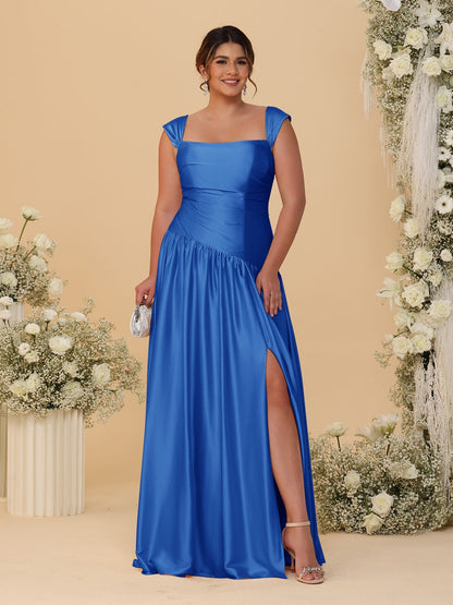 Robes de Demoiselle d'Honneur Grande Taille Ligne A/Princesse Décolleté Épaules Dénudées avec Fente Latérale et Plis