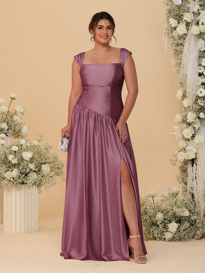 Robes de Demoiselle d'Honneur Grande Taille Ligne A/Princesse Décolleté Épaules Dénudées avec Fente Latérale et Plis