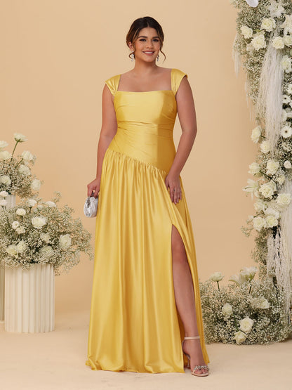 Robes de Demoiselle d'Honneur Grande Taille Ligne A/Princesse Décolleté Épaules Dénudées avec Fente Latérale et Plis