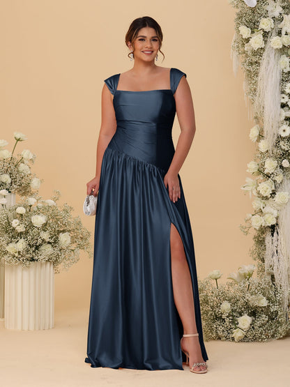 Robes de Demoiselle d'Honneur Grande Taille Ligne A/Princesse Décolleté Épaules Dénudées avec Fente Latérale et Plis