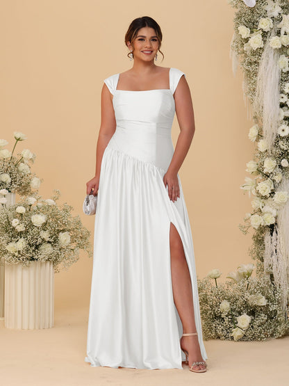 Robes de Demoiselle d'Honneur Grande Taille Ligne A/Princesse Décolleté Épaules Dénudées avec Fente Latérale et Plis