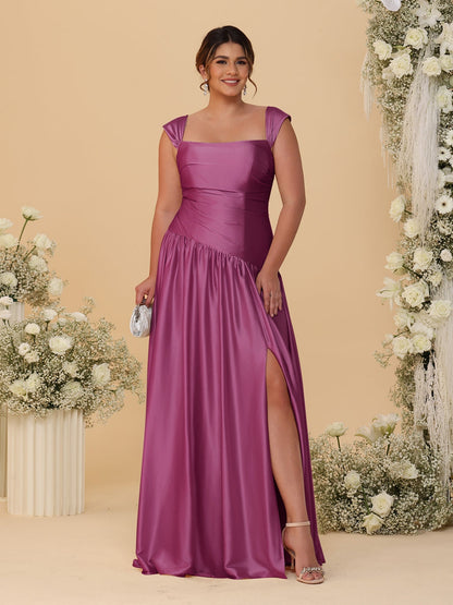 Robes de Demoiselle d'Honneur Grande Taille Ligne A/Princesse Décolleté Épaules Dénudées avec Fente Latérale et Plis