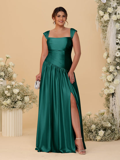 Robes de Demoiselle d'Honneur Grande Taille Ligne A/Princesse Décolleté Épaules Dénudées avec Fente Latérale et Plis