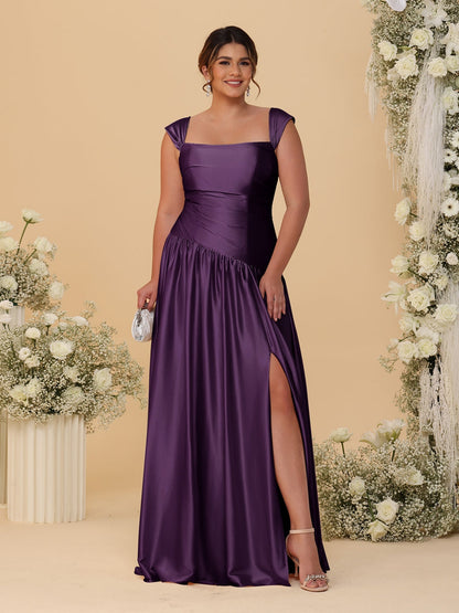 Robes de Demoiselle d'Honneur Grande Taille Ligne A/Princesse Décolleté Épaules Dénudées avec Fente Latérale et Plis