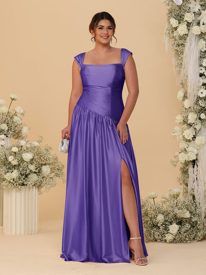 Robes de Demoiselle d'Honneur Grande Taille Ligne A/Princesse Décolleté Épaules Dénudées avec Fente Latérale et Plis