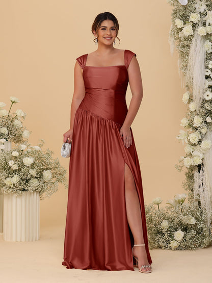 Robes de Demoiselle d'Honneur Grande Taille Ligne A/Princesse Décolleté Épaules Dénudées avec Fente Latérale et Plis