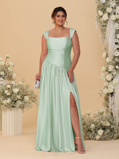 Robes de Demoiselle d'Honneur Grande Taille Ligne A/Princesse Décolleté Épaules Dénudées avec Fente Latérale et Plis