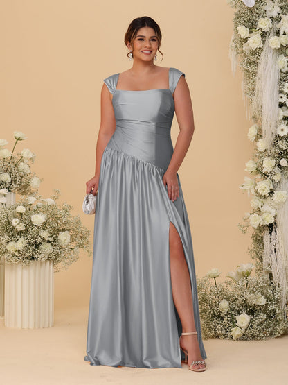 Robes de Demoiselle d'Honneur Grande Taille Ligne A/Princesse Décolleté Épaules Dénudées avec Fente Latérale et Plis