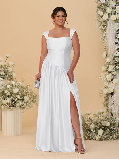 Robes de Demoiselle d'Honneur Grande Taille Ligne A/Princesse Décolleté Épaules Dénudées avec Fente Latérale et Plis