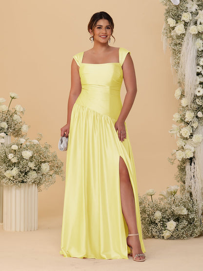 Robes de Demoiselle d'Honneur Grande Taille Ligne A/Princesse Décolleté Épaules Dénudées avec Fente Latérale et Plis