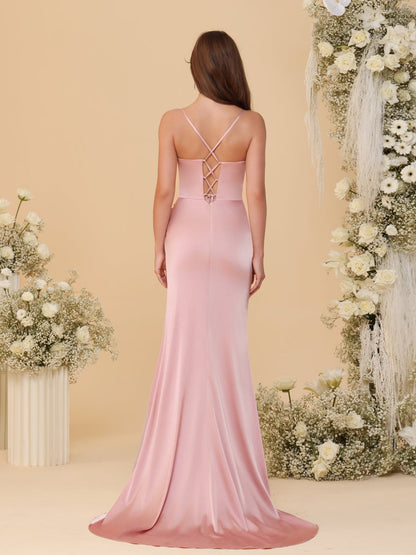Robes de Demoiselle d'Honneur Longues à Bretelles Spaghetti Ligne A/Princesse sans Manches avec Fronces et Fente Latérale
