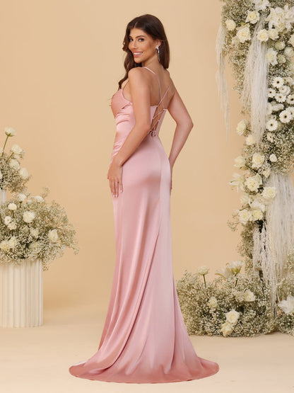 Robes de Demoiselle d'Honneur Longues à Bretelles Spaghetti Ligne A/Princesse sans Manches avec Fronces et Fente Latérale