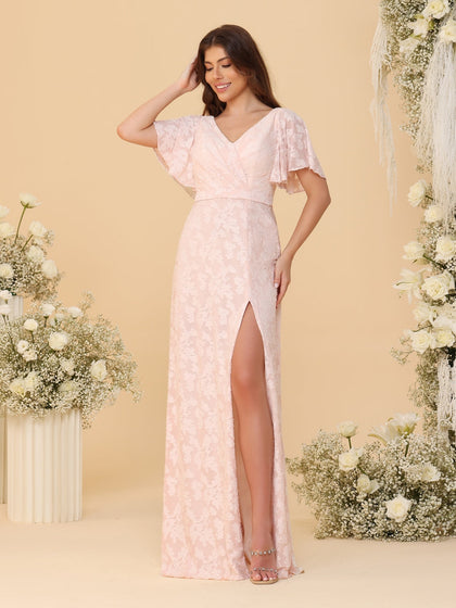 Robes de Demoiselle d'Honneur Ligne A/Princesse Col en V à Volants Manches Courtes Plissées Longueur Au Sol avec Fente Latérale