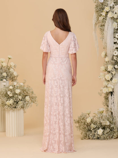 Robes de Demoiselle d'Honneur Ligne A/Princesse Col en V à Volants Manches Courtes Plissées Longueur Au Sol avec Fente Latérale