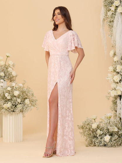 Robes de Demoiselle d'Honneur Ligne A/Princesse Col en V à Volants Manches Courtes Plissées Longueur Au Sol avec Fente Latérale