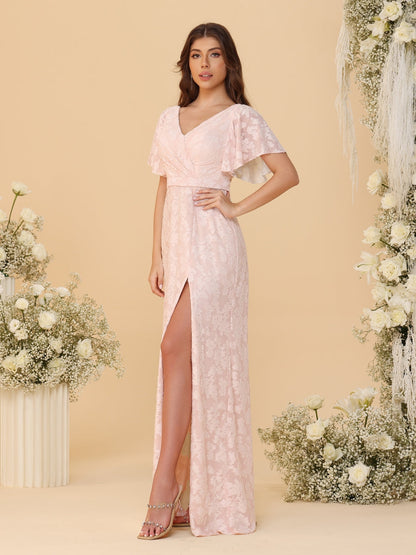 Robes de Demoiselle d'Honneur Ligne A/Princesse Col en V à Volants Manches Courtes Plissées Longueur Au Sol avec Fente Latérale
