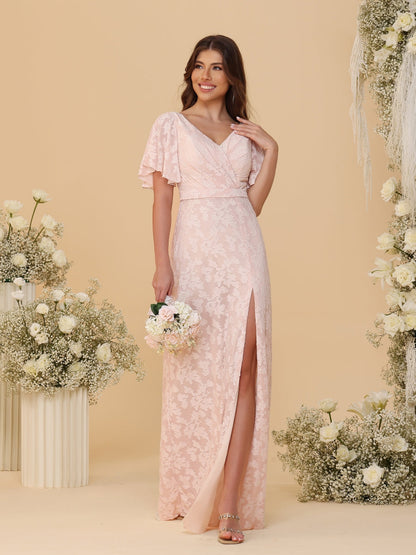 Robes de Demoiselle d'Honneur Ligne A/Princesse Col en V à Volants Manches Courtes Plissées Longueur Au Sol avec Fente Latérale