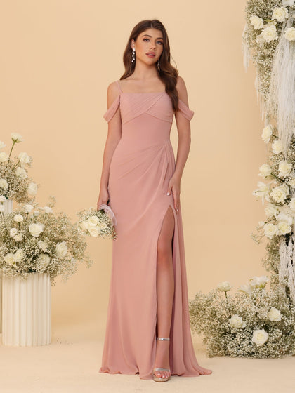 Robes de Demoiselle d'Honneur Longues à Bretelles Spaghetti, Décolleté Épaule Nue, Style Fourreau/Colonne, Plissées, avec Fente Latérale