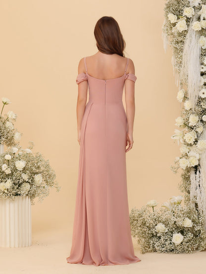 Robes de Demoiselle d'Honneur Longues à Bretelles Spaghetti, Décolleté Épaule Nue, Style Fourreau/Colonne, Plissées, avec Fente Latérale