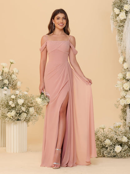 Robes de Demoiselle d'Honneur Longues à Bretelles Spaghetti, Décolleté Épaule Nue, Style Fourreau/Colonne, Plissées, avec Fente Latérale