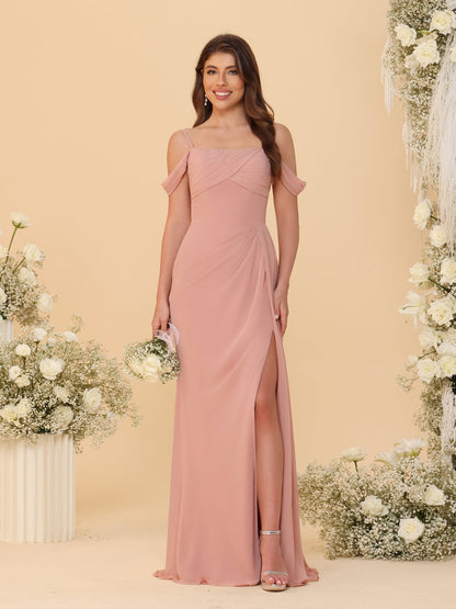 Robes de Demoiselle d'Honneur Longues à Bretelles Spaghetti, Décolleté Épaule Nue, Style Fourreau/Colonne, Plissées, avec Fente Latérale