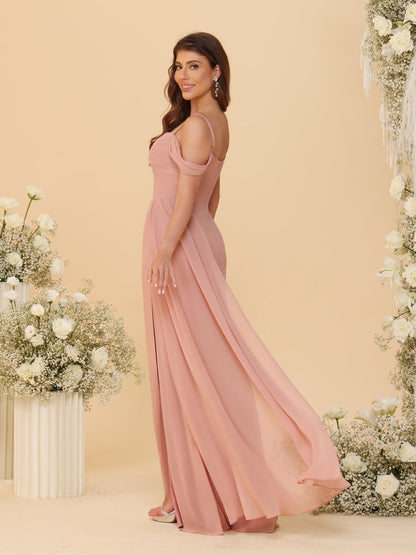 Robes de Demoiselle d'Honneur Longues à Bretelles Spaghetti, Décolleté Épaule Nue, Style Fourreau/Colonne, Plissées, avec Fente Latérale