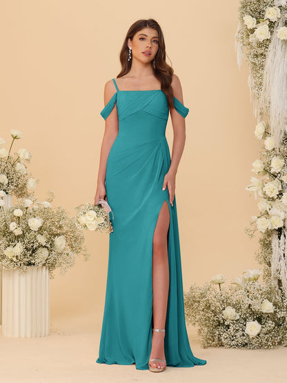 Robes de Demoiselle d'Honneur Longues à Bretelles Spaghetti, Décolleté Épaule Nue, Style Fourreau/Colonne, Plissées, avec Fente Latérale