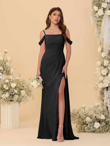 Robes de Demoiselle d'Honneur Longues à Bretelles Spaghetti, Décolleté Épaule Nue, Style Fourreau/Colonne, Plissées, avec Fente Latérale