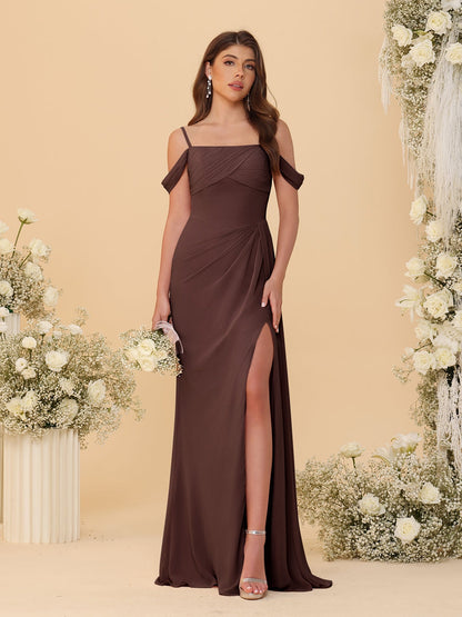 Robes de Demoiselle d'Honneur Longues à Bretelles Spaghetti, Décolleté Épaule Nue, Style Fourreau/Colonne, Plissées, avec Fente Latérale
