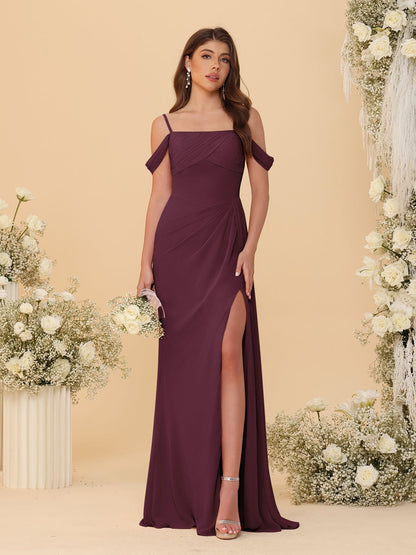 Robes de Demoiselle d'Honneur Longues à Bretelles Spaghetti, Décolleté Épaule Nue, Style Fourreau/Colonne, Plissées, avec Fente Latérale