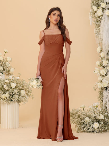 Robes de Demoiselle d'Honneur Longues à Bretelles Spaghetti, Décolleté Épaule Nue, Style Fourreau/Colonne, Plissées, avec Fente Latérale