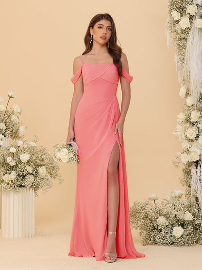 Robes de Demoiselle d'Honneur Longues à Bretelles Spaghetti, Décolleté Épaule Nue, Style Fourreau/Colonne, Plissées, avec Fente Latérale